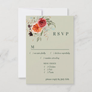 Elegantes Vintage-Boho-Rot-Orange-Grau Menü RSVP Karte