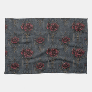 Elegantes Vintage-Gothic-Muster mit roten Rosen  Geschirrtuch