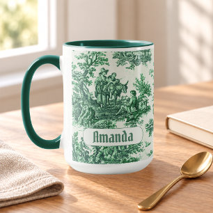 Elegantes vintage-grünes Toile-Blumenmonogramm Tasse