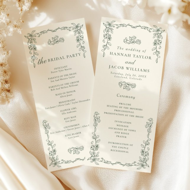 Elegantes Vintage-Hochzeitsprogramm in Salbeigrün Programm (Von Creator hochgeladen)