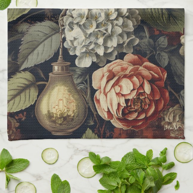 Elegantes vintage Hydrangeen-Blumenmuster  Geschirrtuch (Gefaltet)