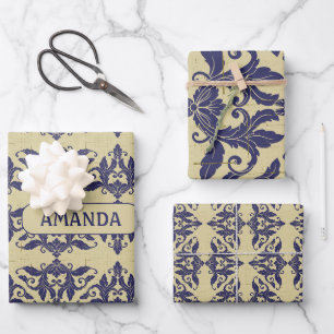 Elegantes vintage navy-gelb Damast-Monogramm Geschenkpapier Set