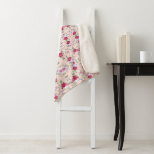 Elegantes Vintage-Rosa- und Burgunder-Blumenmuster Sherpadecke
