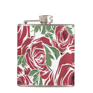 Elegantes Vintage-Rosenmuster - Rote und grüne Blü Flachmann