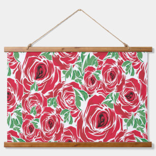 Elegantes Vintage-Rosenmuster - Rotes und grünes F Wandteppich Mit Holzrahmen