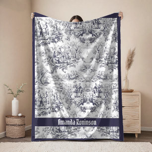 Elegantes vintage schwarzes Toile de Jouy Monogram Fleecedecke