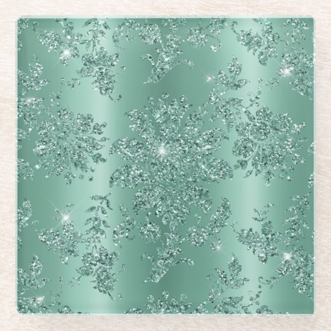 Elegantes Vintages Aquamarines Silver Glitzer Desi Glasuntersetzer (Vorderseite)