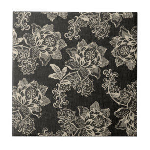 Elegantes Vintages Black and Cream Florals and Dam Fliese