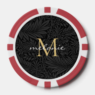 Elegantes Vintages Black Floral Gold Script Monogr Pokerchips