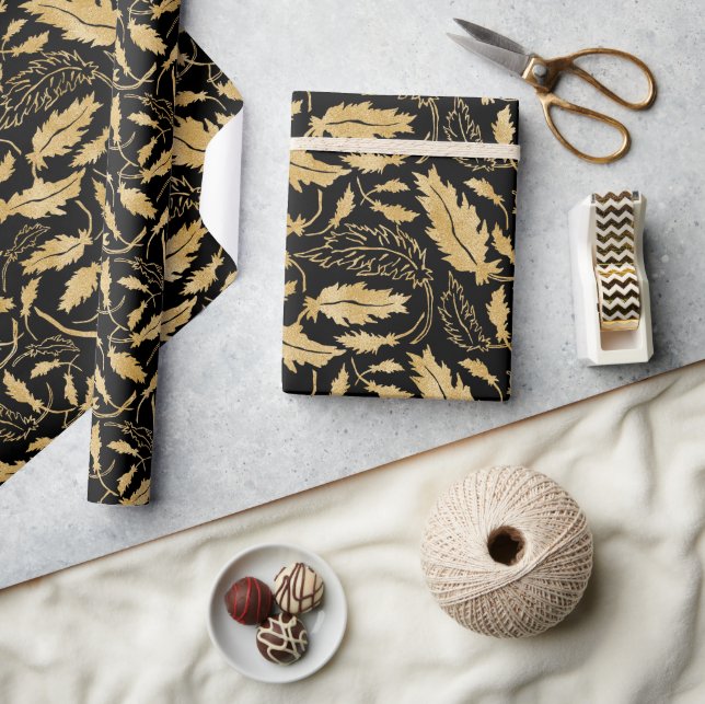 Elegantes Vintages Black Gold Leaf Muster Geschenkpapier (Kunsthandwerk)