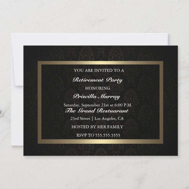 Elegantes Vintages Black & Gold Retirement Party Einladung (Vorderseite)