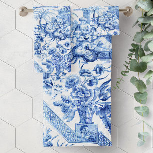 Elegantes Vintages Blau und Weiße Chinoiserie Badhandtuch Set