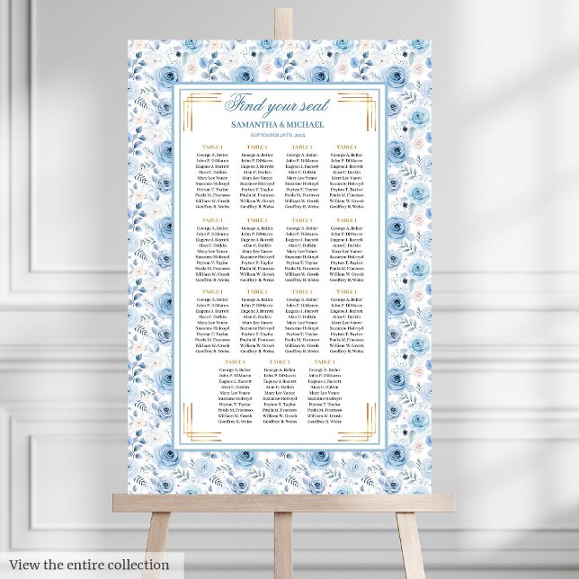 Elegantes Vintages Blue Gold Seating Chart Poster (Elegant Light Blue Gold Vintage Seating Chart)