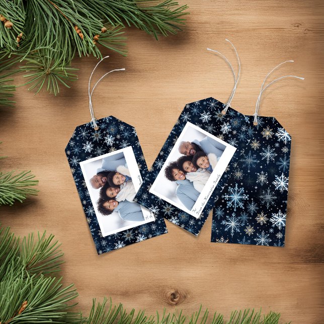 Elegantes Vintages Blue Snowflakes Foto Geschenkanhänger (Elegant Vintage Blue Snowflakes Holiday Photo Gift Tags)