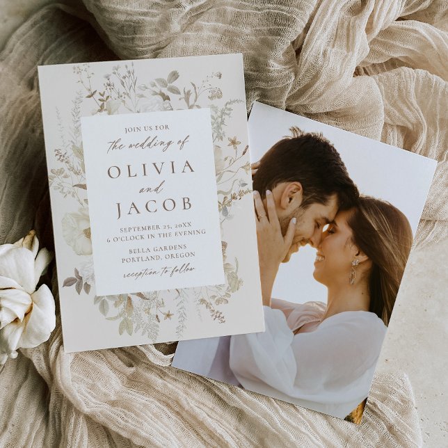 Elegantes Vintages Blumencreme-Foto Hochzeit Einladung (Von Creator hochgeladen)