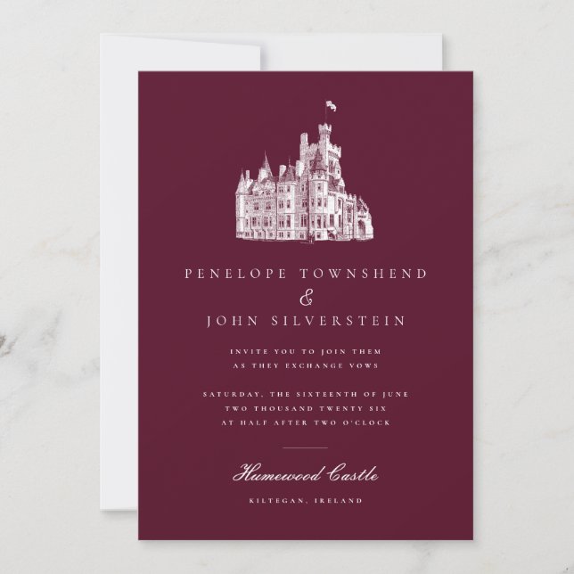 Elegantes Vintages Burgund Burg Hochzeit Einladung (Vorderseite)