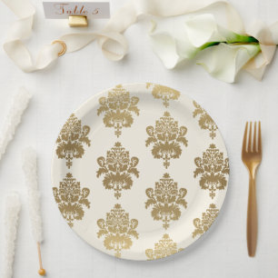 Elegantes, Vintages Cream Gold Damask Muster Pappteller