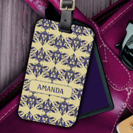 Elegantes Vintages Damastenschiff Blaugelbes Monog Gepäckanhänger