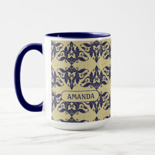 Elegantes Vintages Damastenschiff Blaugelbes Monog Tasse