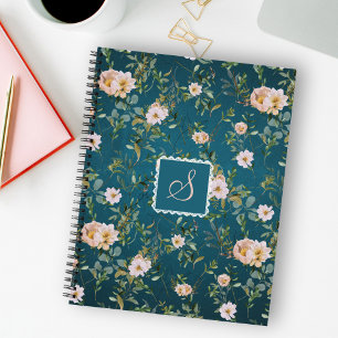 Elegantes Vintages dunkles Cyan Floral Monogram Mu Notizbuch