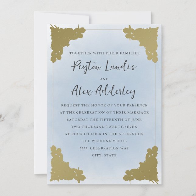 Elegantes Vintages Dusty Blue Gold Einladung (Vorderseite)