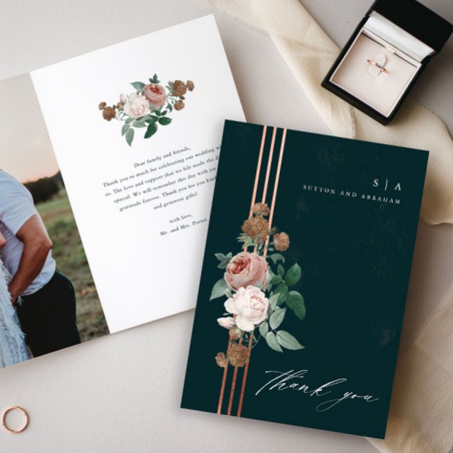 Elegantes Vintages florales Hochzeitssemble Foto Dankeskarte (Elegant Vintage Floral Wedding Photo Thank You Card.)