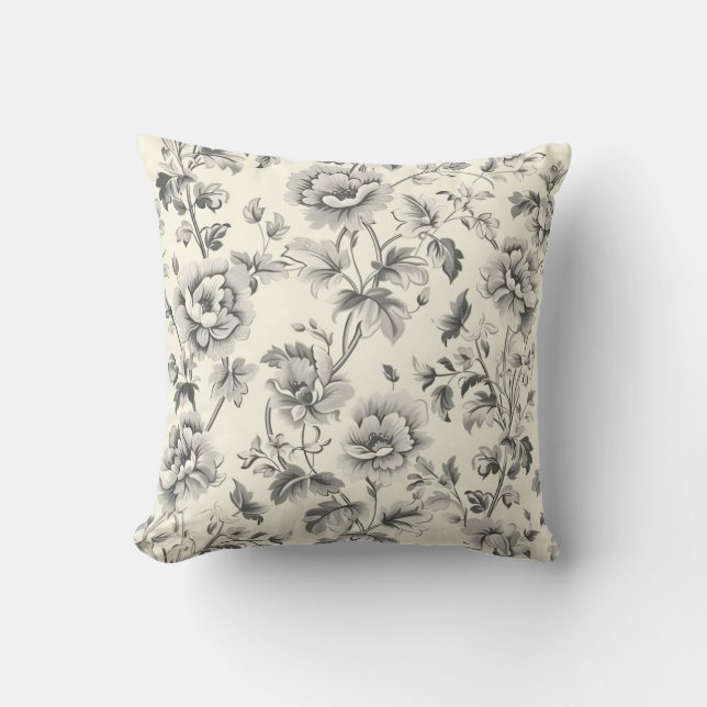Elegantes, Vintages, florales Monochrome Muster Kissen (Vorderseite)
