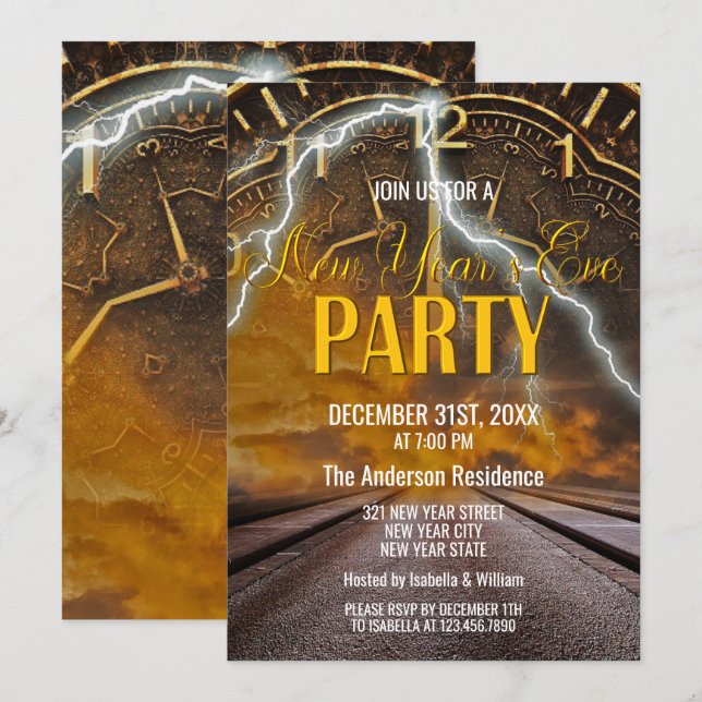Elegantes Vintages Gold Silvester Party Einladung (Vorne/Hinten)