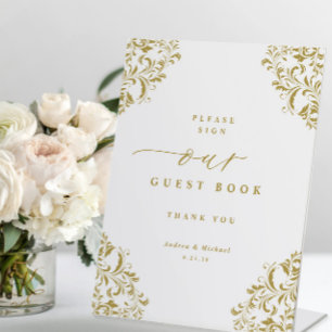 Elegantes Vintages Gold Wedding Gästebuch Sockelschild