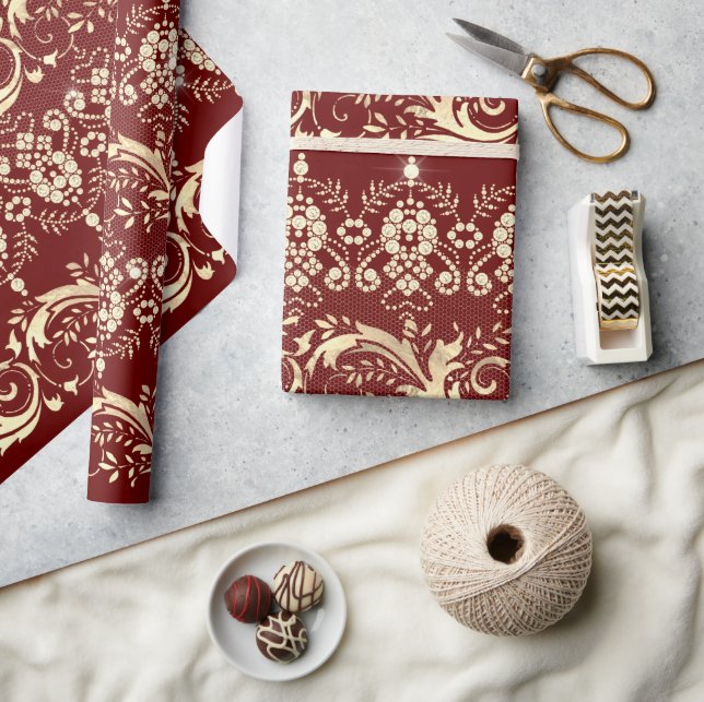 Elegantes, Vintages goldfarbenes Damastmuster Geschenkpapier (Kunsthandwerk)