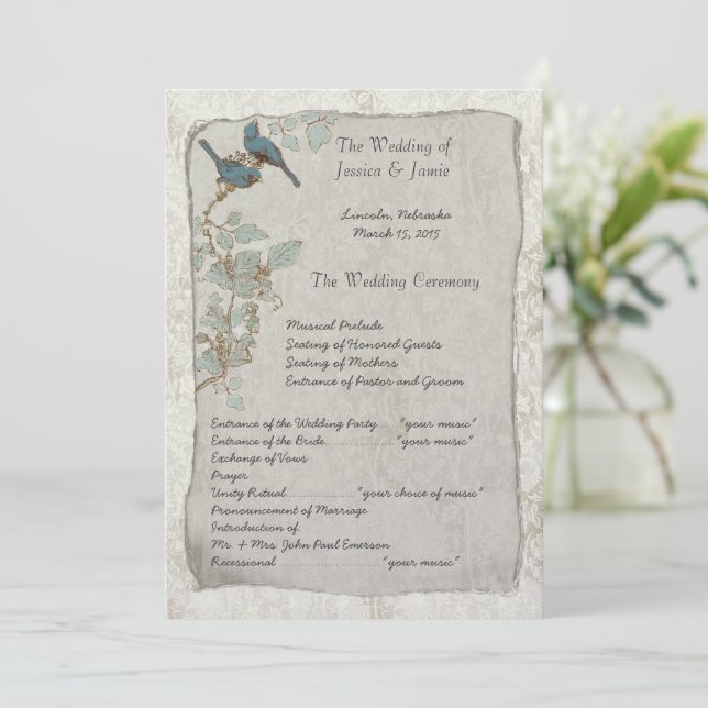 Elegantes Vintages Hochzeitsprogramm für Aquamarin Programm (Stehend Vorderseite)