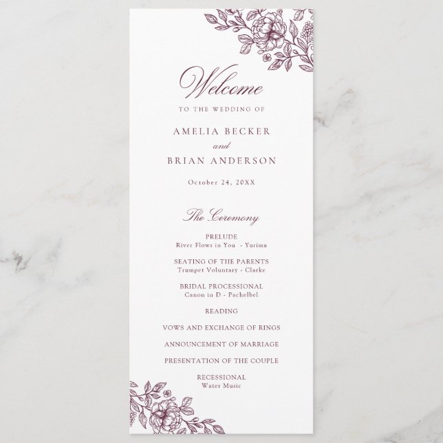 Elegantes Vintages Hochzeitsprogramm für Flora und Programm (Vorderseite)