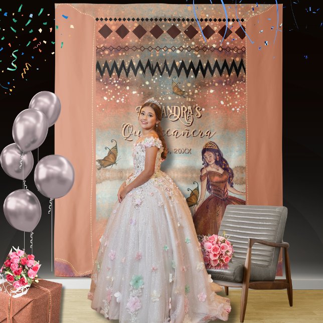 Elegantes Vintages Kupferquinceñera-Foto Hintergru Wandteppich ( Quinceanera backdrop with model white dress)