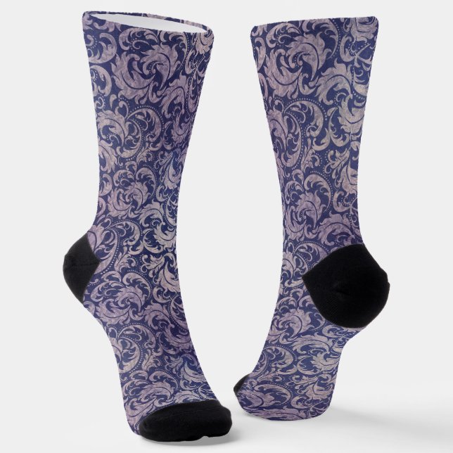 Elegantes, Vintages Lila Damask-Muster Socken (Gewinkelt)