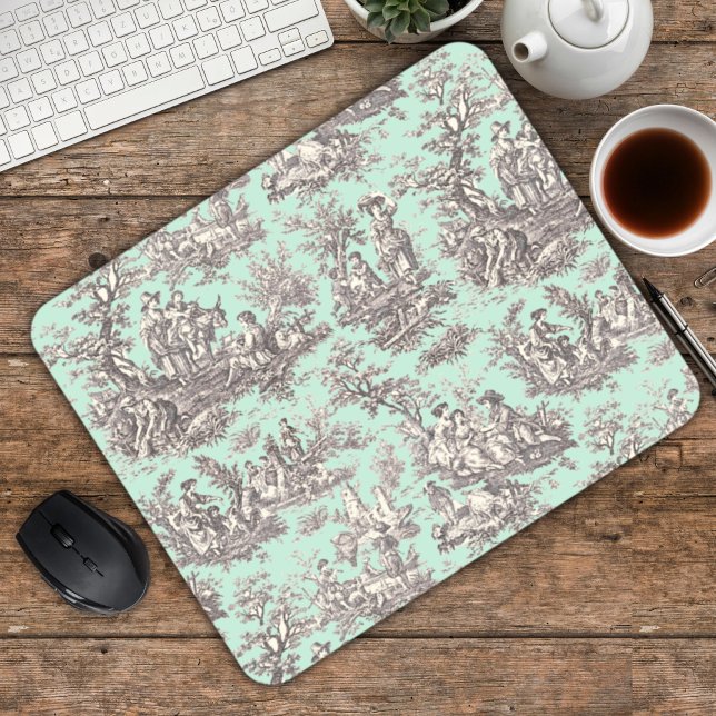 Elegantes Vintages Minzgrautoile de jouy Mousepad (Von Creator hochgeladen)