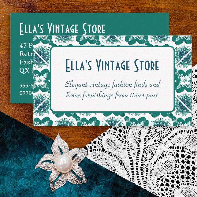 Elegantes, Vintages Muster QR Code Retro-Tile Visitenkarte (An elegant, vintage-inspired business card with green retro tiles pattern and customisable QR code)