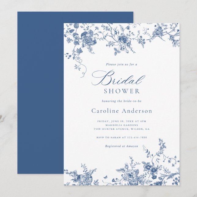 Elegantes Vintages Navy Blue Brautparty Einladung (Vorne/Hinten)