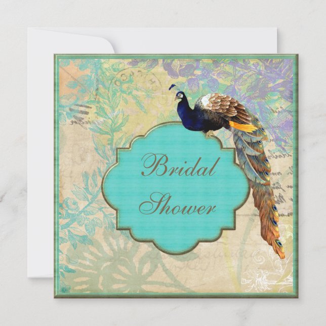 Elegantes Vintages Pfau-Brautparty Einladung (Vorderseite)