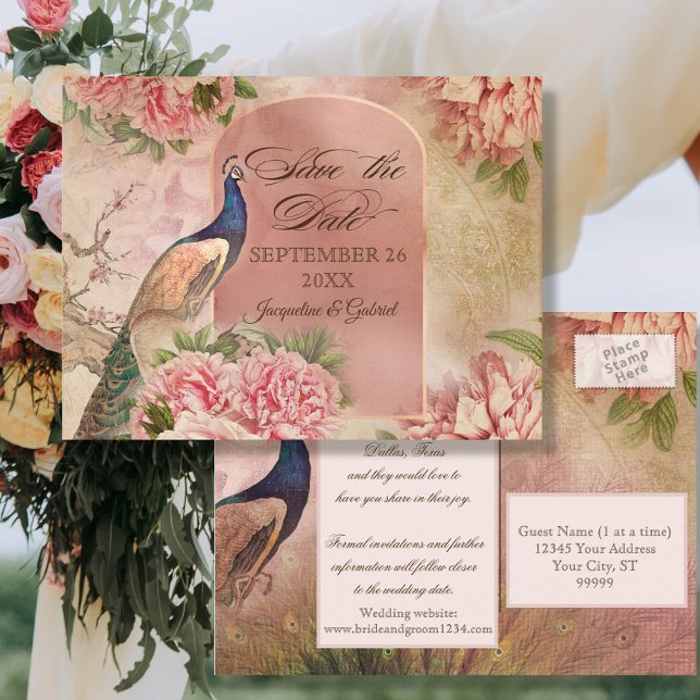 Elegantes Vintages Pfauenflorrosa Save the Date Ankündigungspostkarte (Von Creator hochgeladen)