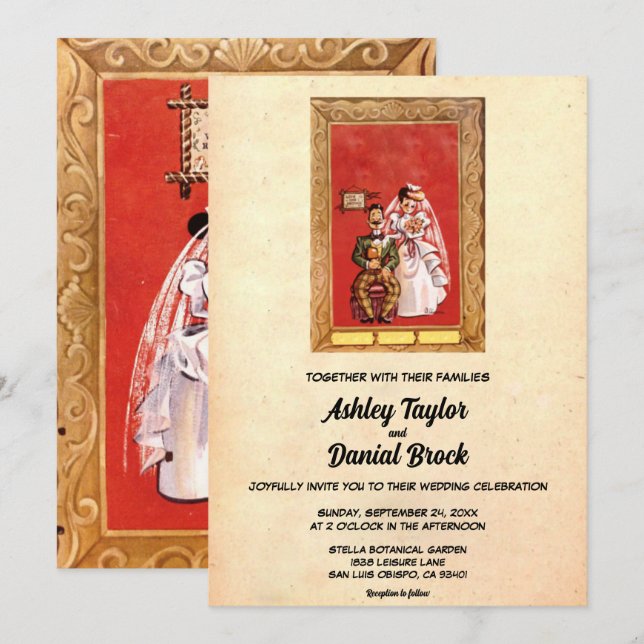 Elegantes Vintages Retro Rustikales Comic Hochzeit Einladung (Vorne/Hinten)