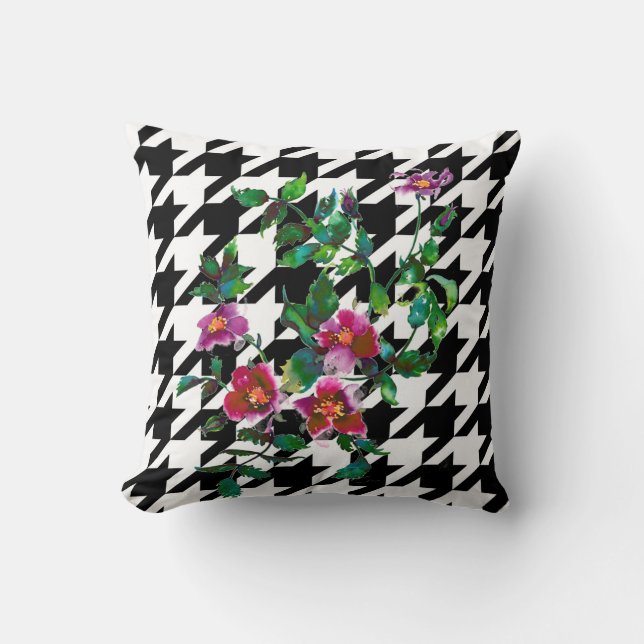 Elegantes Vintages Rosenwasser Hahnentrittmuster Kissen (Vorderseite)
