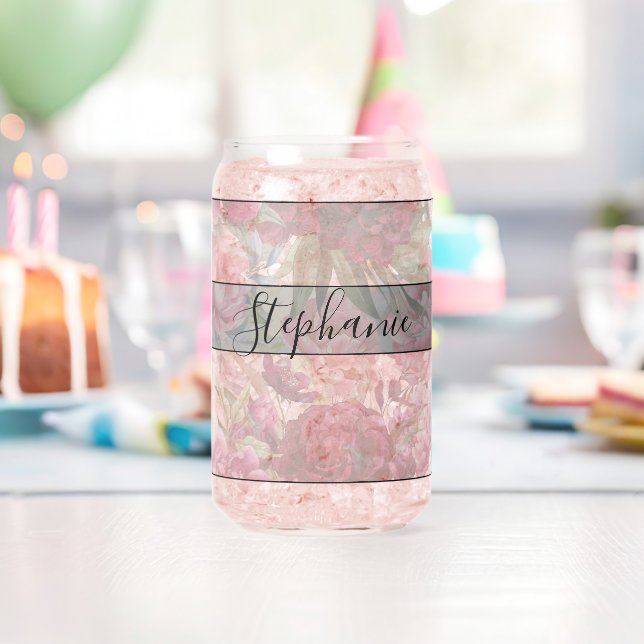 Elegantes Vintages Rot-Rot-Rosa-Blütenmonogramm Dosenglas (Insitu (Geburtstag))