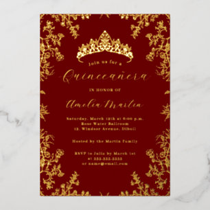 Elegantes Vintages Rotes Gold Quinceanera Folieneinladung