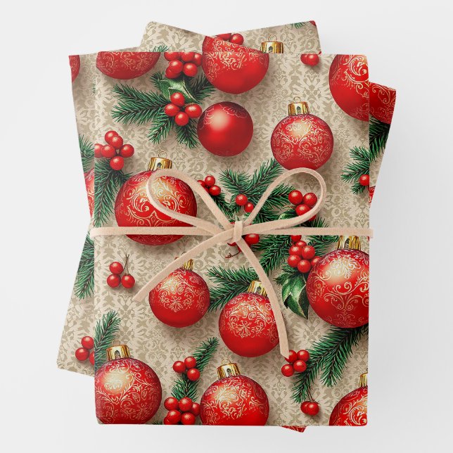 Elegantes Vintages Rotes Gold Weihnachtsgeschenk H Geschenkpapier Set (Beispiel)