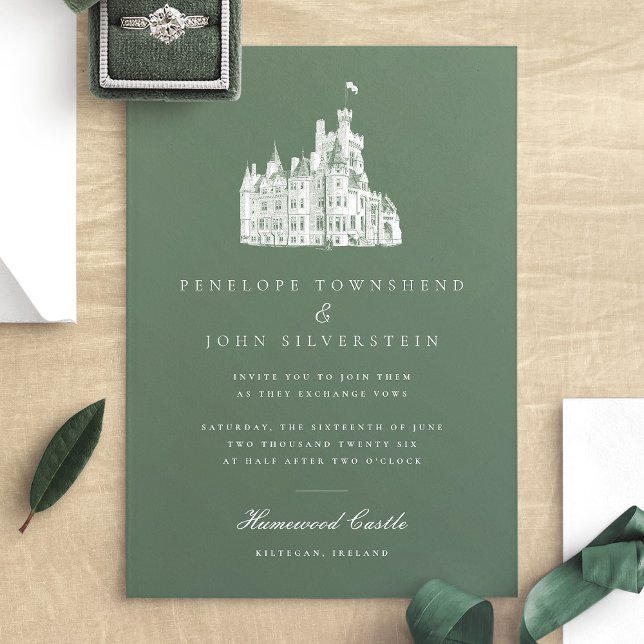 Elegantes Vintages Schloss Einladung (Elegant Vintage Castle Illustration Green Wedding Invitation)