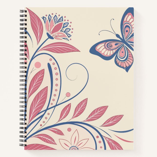 Elegantes Vintages Schmetterling- und BlumenNotebo Notizbuch (Vorderseite)