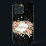 Elegantes Vintages Schwarz-Script-Monogramm mit fl Case-Mate iPhone Hülle<br><div class="desc">"Eleganter Vintager floraler Pink Black Script Monogram iPhone 13 Case."   Eleganter Vintager Blumenstrauß umrahmt Ihren Namen und das Monogramm über einen schwarzen Ton-on-Ton-Damaskus-Muster-Hintergrund.  Hergestellt von Audrey Jeanne Roberts,  international lizenzierter Künstlerin,  Copyright.</div>