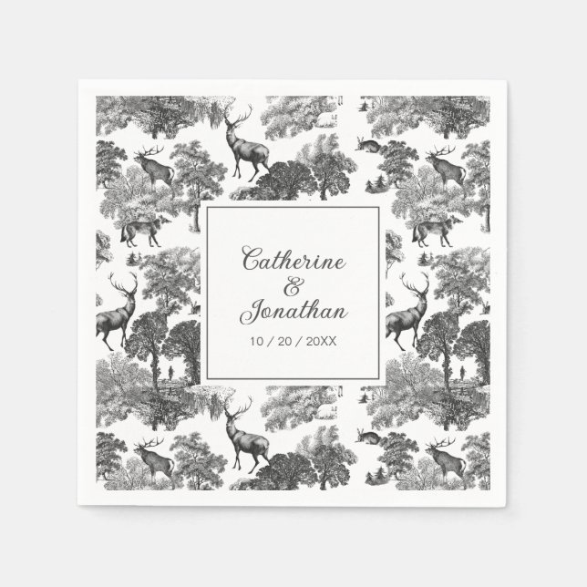 Elegantes Vintages Schwarz-weißes Hirschmuster Serviette (Vorderseite)