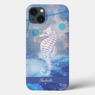 Elegantes Vintages Seepferd Blue Ocean Waves Name Case-Mate iPhone Hülle