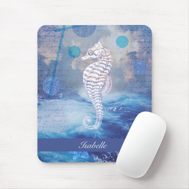 Elegantes Vintages Seepferd Blue Ocean Waves Name Mousepad (Mit Mouse)